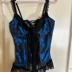 Shirley of Hollywood Blue and Black Lace Satin corset